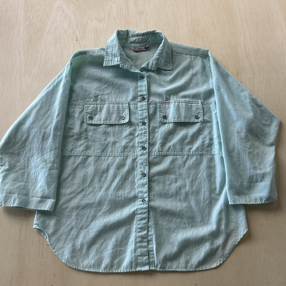 Vintage 90s Cabrais Shirt Womens Large Blue Solid 3/4 Sleeve Utility Button Up